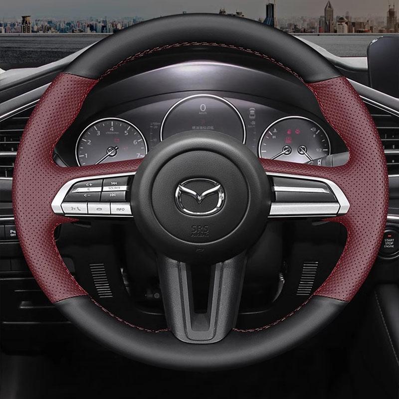 

Hand-Stitched Non-slip Wine red black genuine Leather Car Steering Wheel Cover For Mazda CX-30 CX30 2020-2023 Mazda 3 Axela 2021