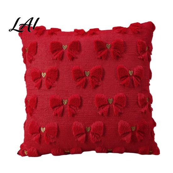 Soft Plush Cushion Cases Throw Pillow Cover Heart Embroidery Case with 3D Bowknot Jacquard Decorative Pillows for Anniversary Fluffy Couch