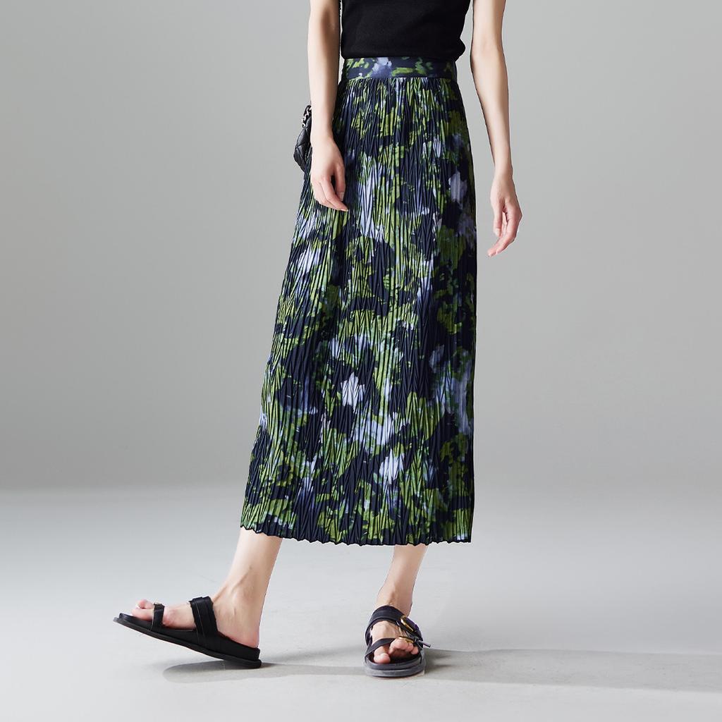 Fashionable printed pleated skirt 2026 summer thin commuting versatile mid length A-line skirt