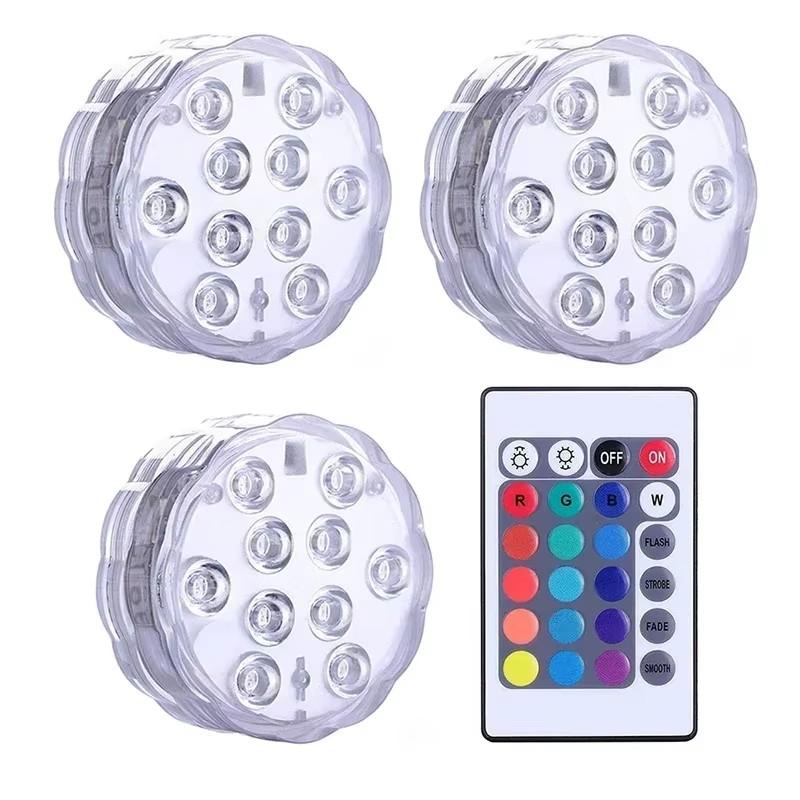 Battery Operated 10leds RGB Led Submersible Lights Underwater Night Lamp Garden Swimming Pool Lights for Wedding Party Vase Bowl