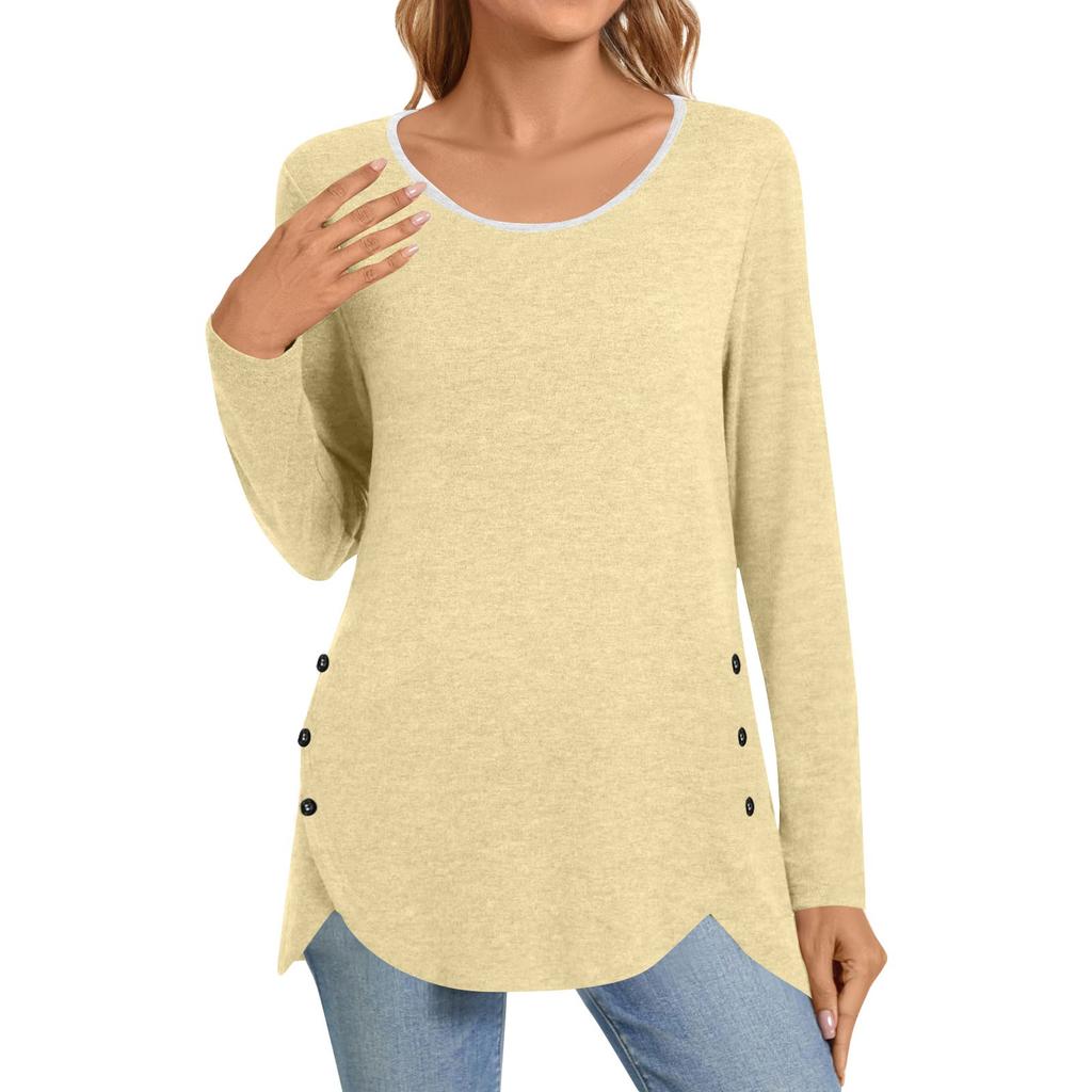 Women's Fashion Casual Solid Color Round Neck Long Sleeve Button Tops On Both Sides