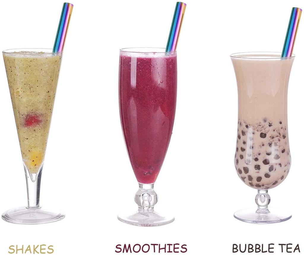 12x215mm Reusable 304 Stainless Steel Drinking Straws Set Eco-Friendly Metal Straw for Smoothie Boba Bubble Tea Milkshakes