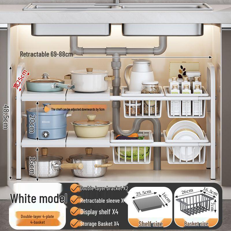 Retractable Under Sink Kitchen Organizer and Multifunctional Dish & Pot Rack