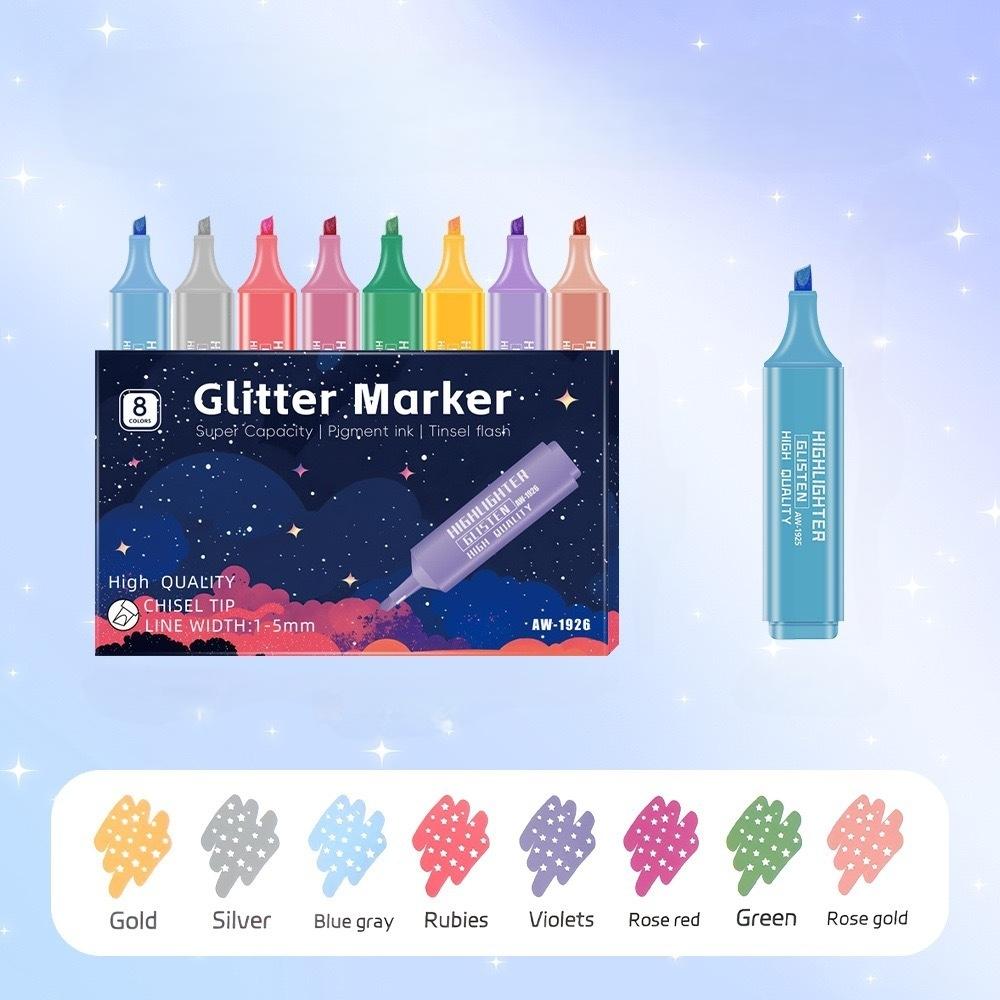 8-Color Metallic Glitter Highlighter Pens Set Shimmering Fluorescent Spot Liner Quick-Dry & Smudge-Proof Stationery A3248