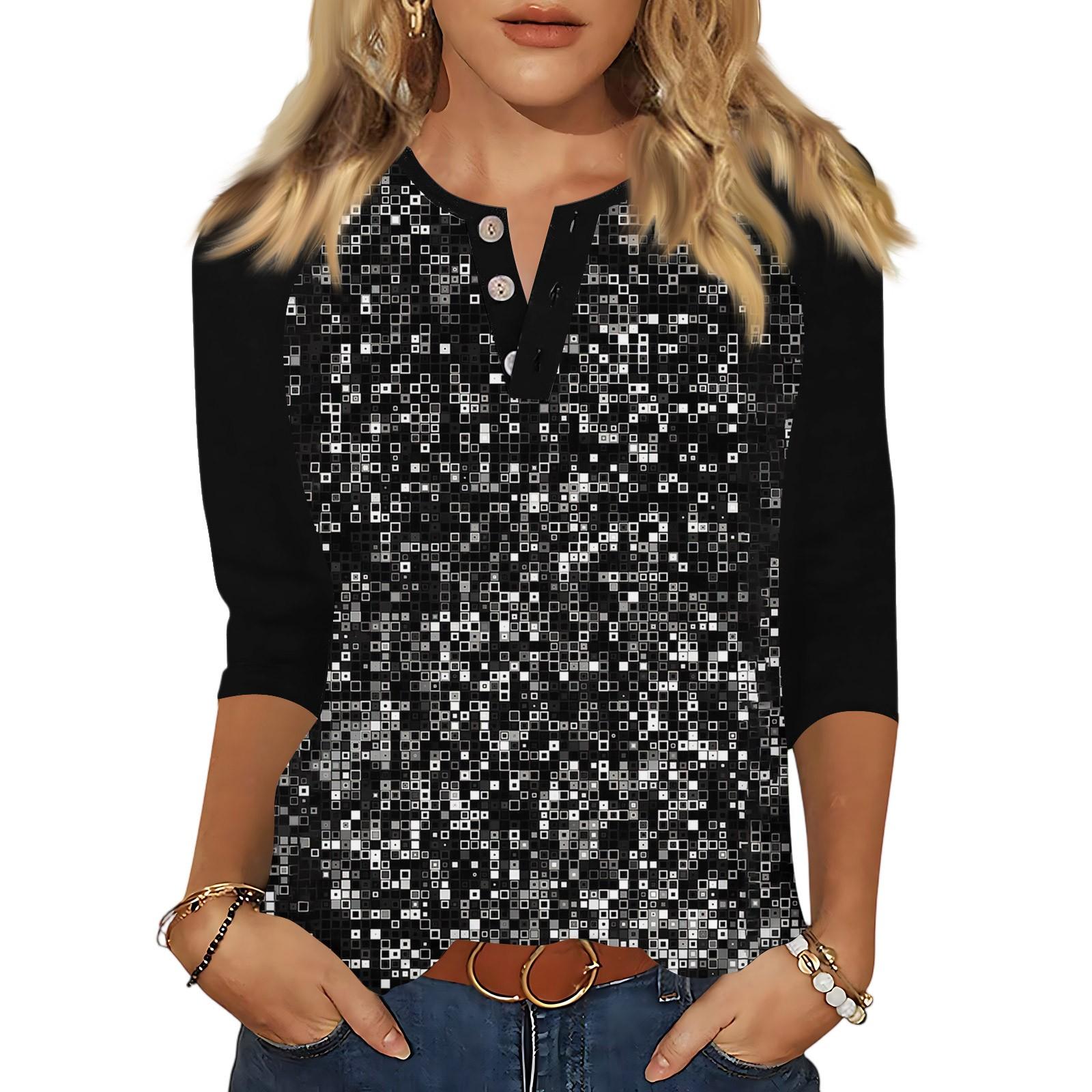 

Жіноча футболка з принтом на ґудзиках з рукавами 3/4, щоденна мода на вихідні, звичайний топ із V-подібним вирізом L чорний