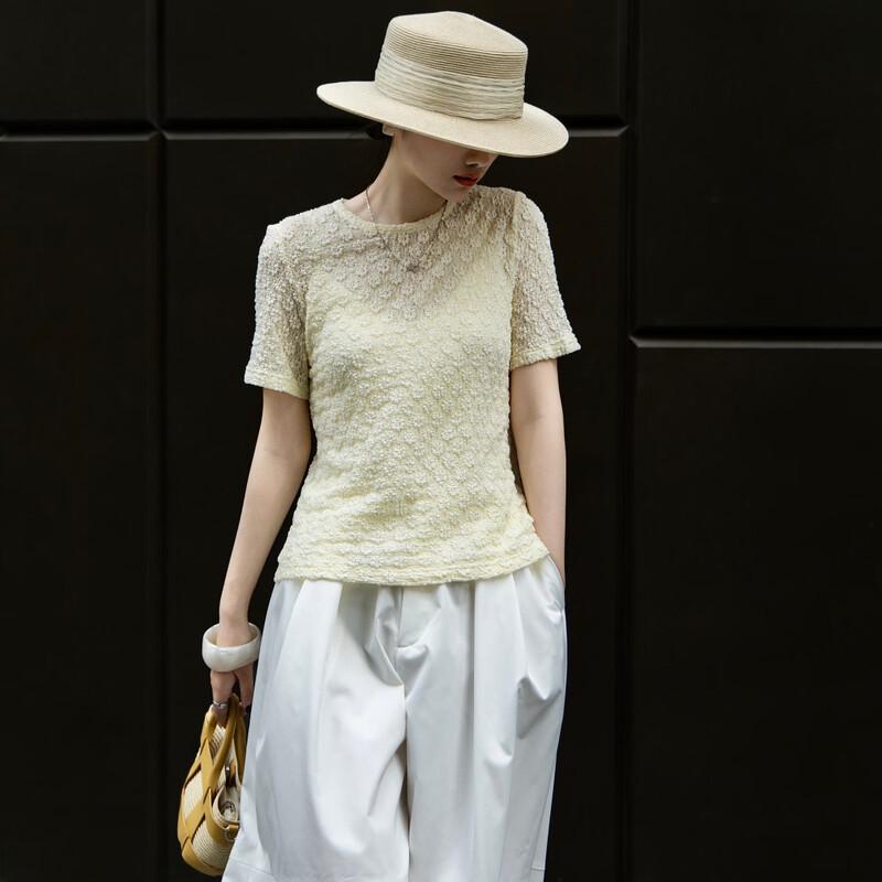 Lansheer 2026 Summer Cotton-Blend 3D Floral Knitted T-Shirt L