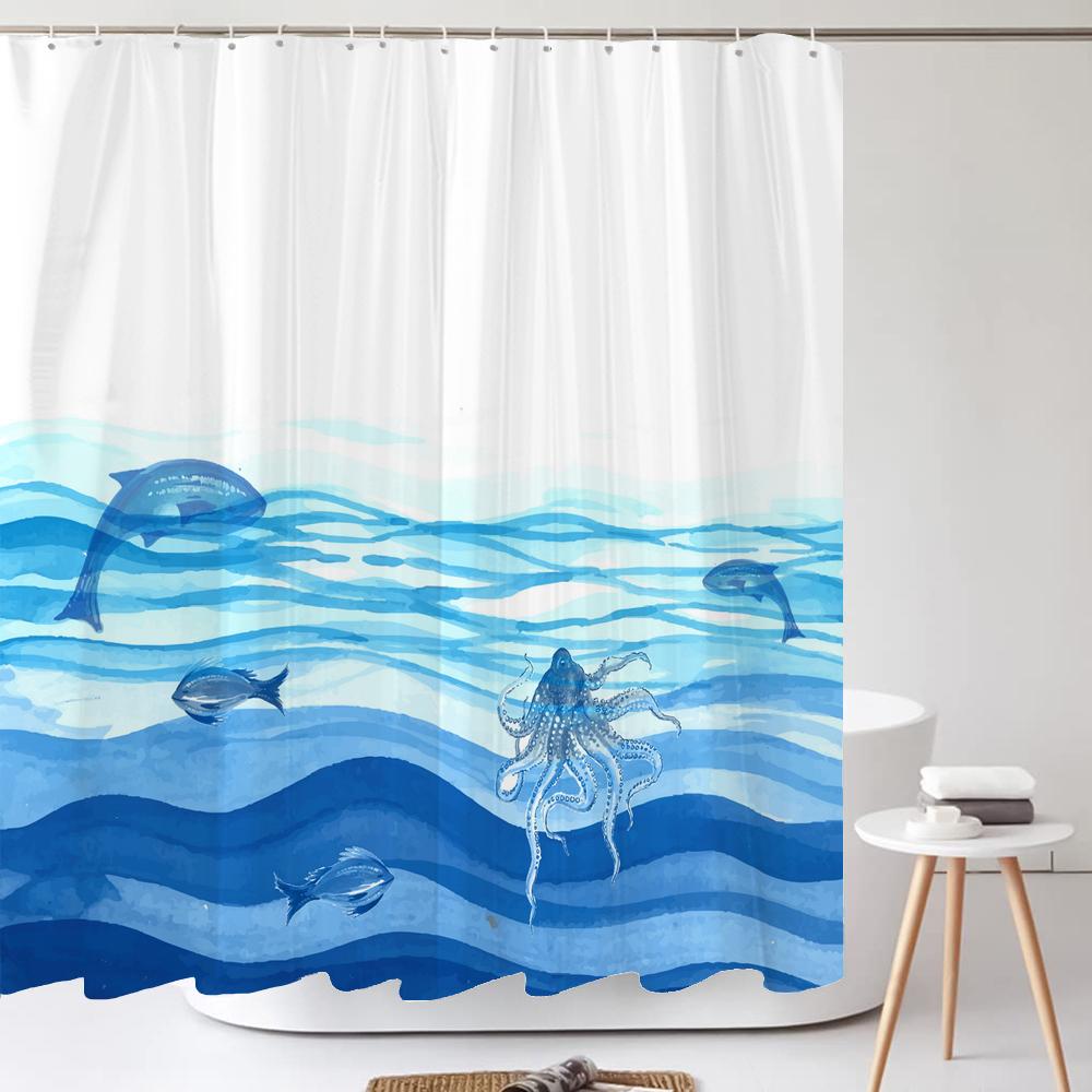 Dolphin Shower Curtain Blue Underwater World Marine Life Polyester Fabric Kids Ocean Theme Bathroom Curtain Decor with Hooks