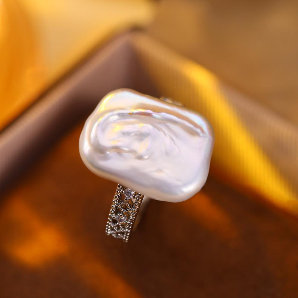 SENIKO 12-16mm Natural Freshwater Pearl Rings For Women Fashion Female Cubic Zirconia CZ Ring Pearl Jewelry Adjustable Ring