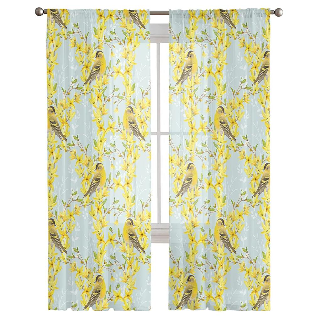 Yellow Flowers And Robins Sheer Curtains For Living Room Bedroom Tulle Curtain For Kitchen Voile Curtain Blind Panels