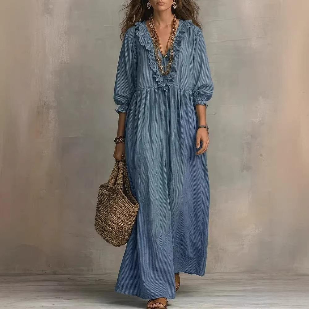Women's V Neck Three Quarter Sleeve Maxi Dress Loose Fit High Waist Striped Dress With Ruffle Trim Boho Vacation Beach Dress