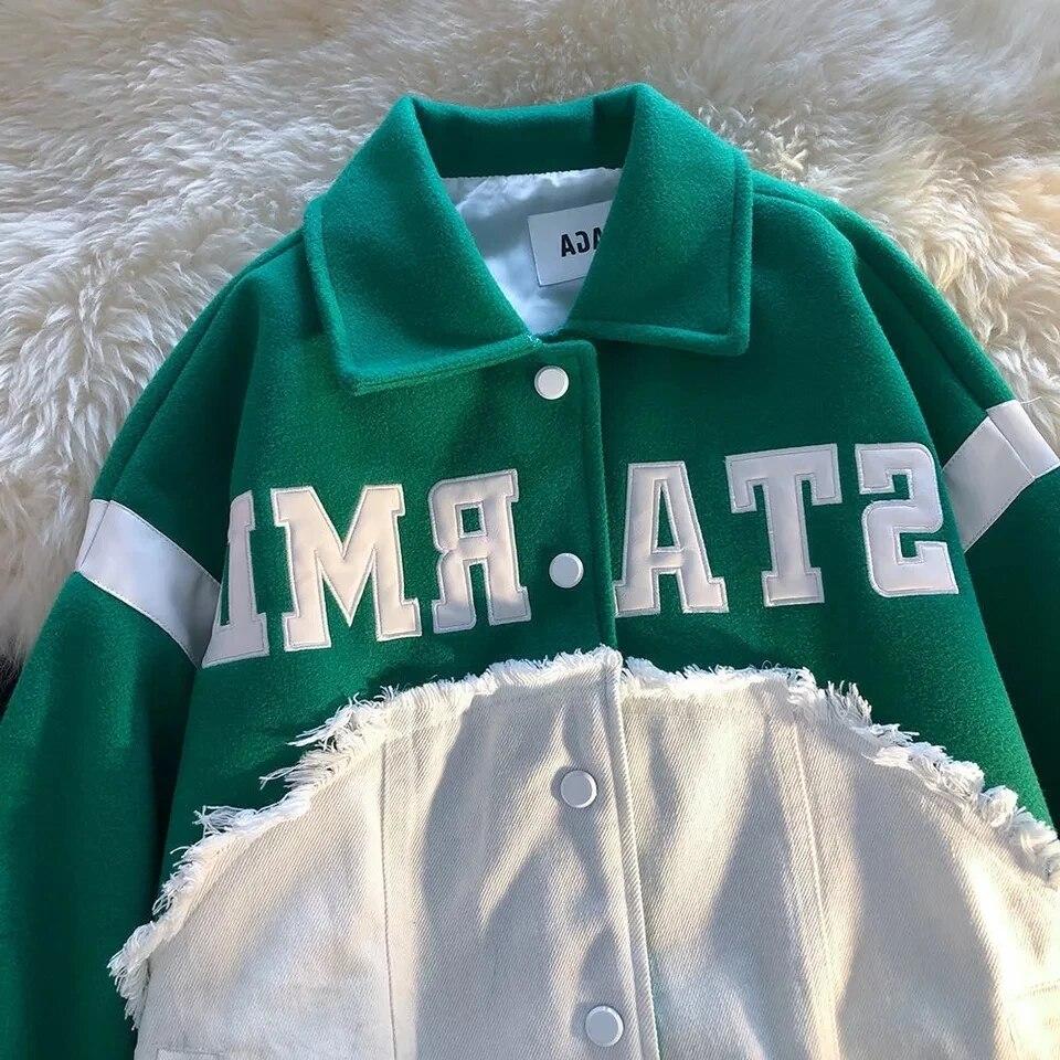 Blue Denim Stitching Baseball Uniform Jacket Women Spring and Autumn Thin Lapel Couple Men Jacket American Retro Trend