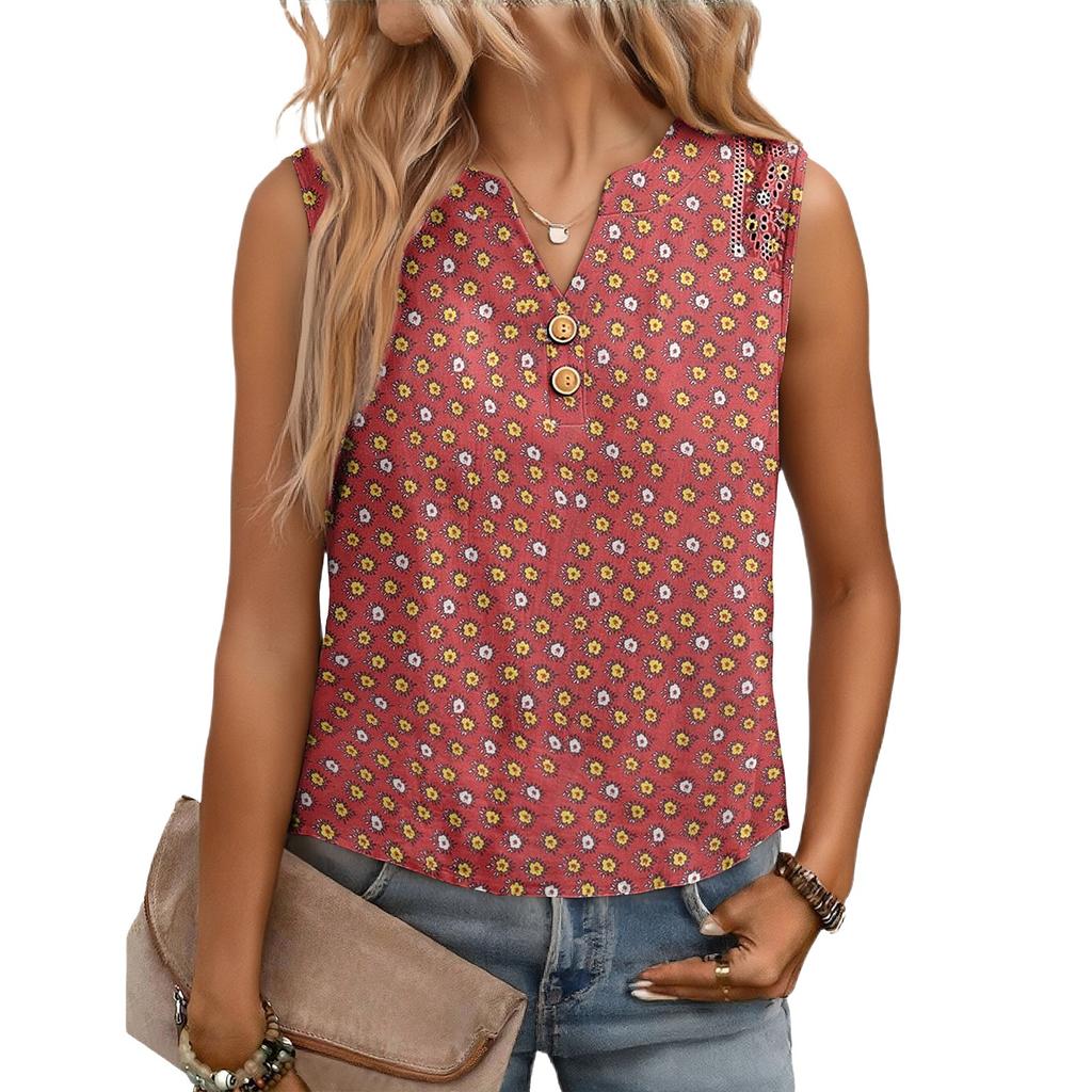 Women's Casual, Loose-Fitting, Printed, Sleeveless Linen Blouse