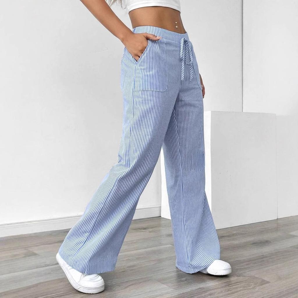 Women's Striped Drawstring Waist Wide Leg Pants in Multiple Colors