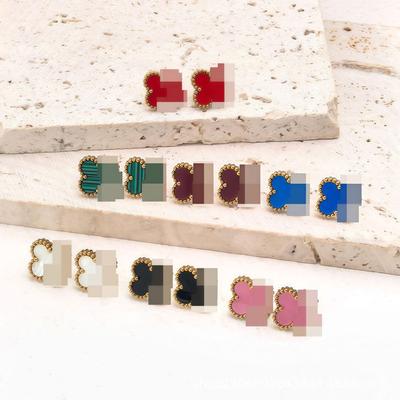 Mode Européenne & Américaine Acier Titane Nacre Trèfle à Quatre Feuilles Or 18K Hypoallergénique Ne Se Décolore Pas Boucles d'Oreilles Puces