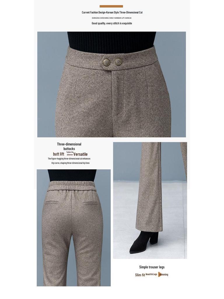 Women's High Waist Woolen Micro Flare Pants - Slimming, Casual, Versatile Drapey Design