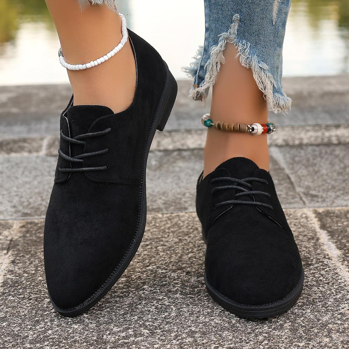 

Мода Ретро Женские Балетки Повседневные Замшевые Однотонные Одинарные Туфли Женские На шнуровке с Острым Носком Обувь Весна Осень Толстый Каблук Мокасины 35 чёрный