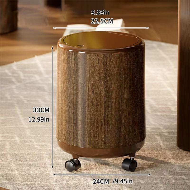 Waterproof Decorative Trash Bin Wooden Grains Pattern Design 12L Large Capacity Rolling Garbage Container For Indoor Use