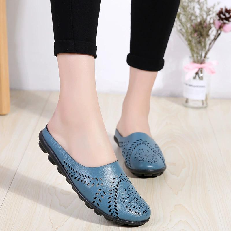Women's Spring and Autumn Low Top Flat Hollow Beans Women's Single Shoes Large Size Half Slipper