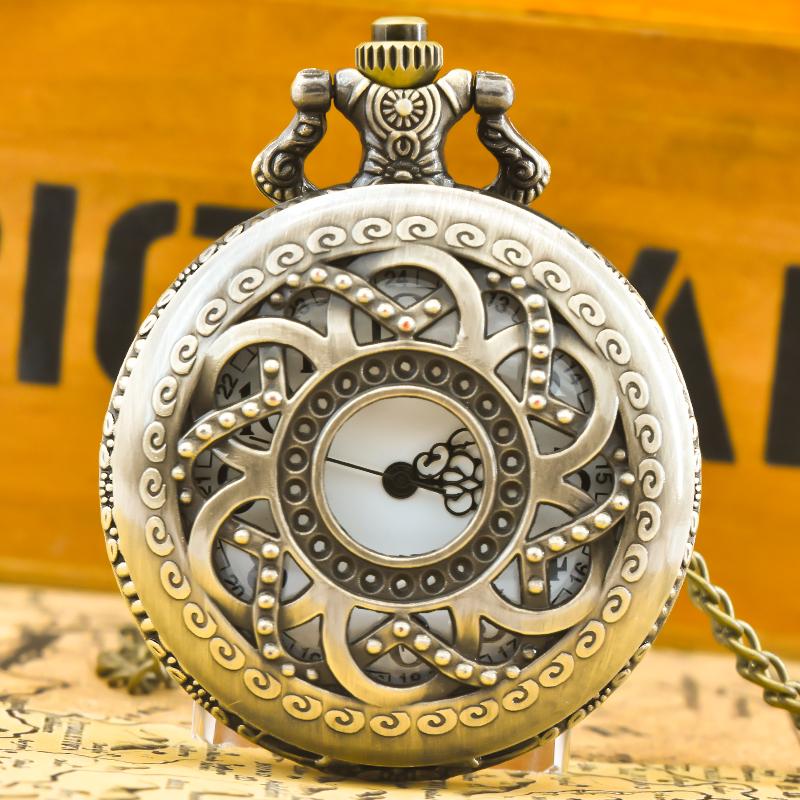 Retro Bronze Steampunk Openwork Flower Flip Quartz Necklace Commemorative Pocket Watch