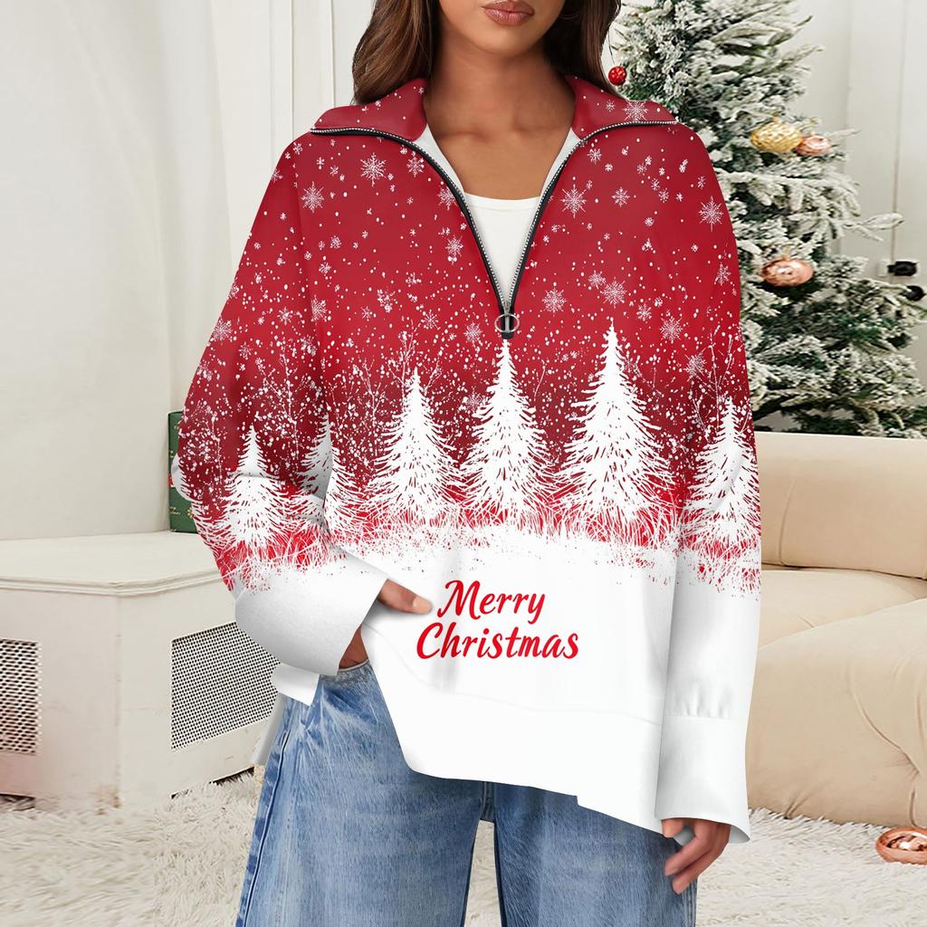 Women's Casual Half Zipper Lapel Snowflake Print Pullover Top Side Slit Fashion Clothing