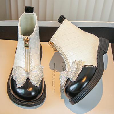 Crystal Bow Girls Fashion Boots Zipper PU Leather Patchwork Children Ankle Shoes Princess Soft Sole Kids Short Boots