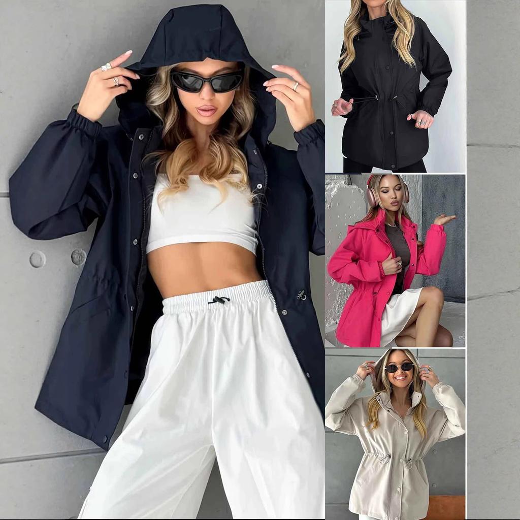 Women's Long Sleeve Hooded Drawstring Windbreaker Jacket