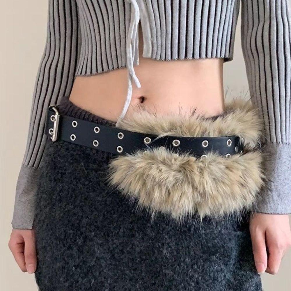 PU Leather Furry Waistband Rivet Plush Belt Simple Y2K Waistband Dress Decoration