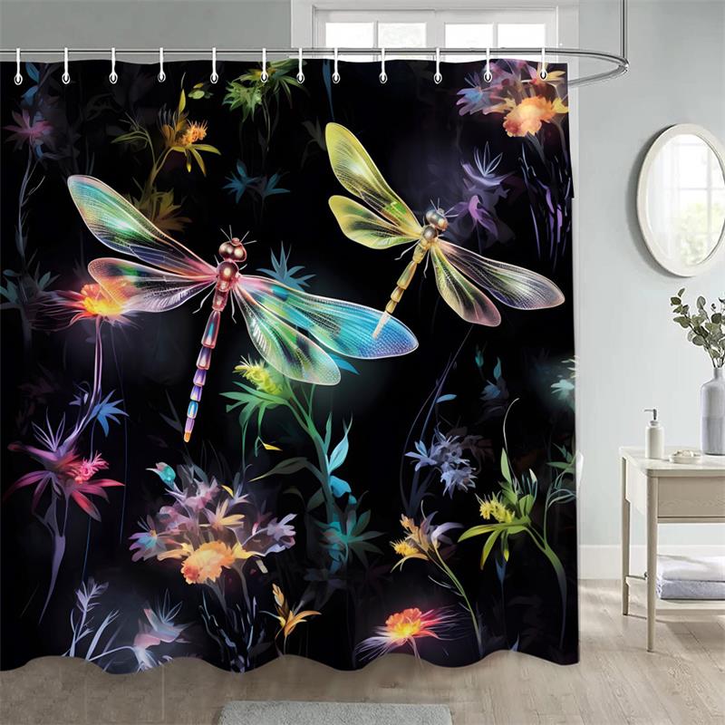 Floral Dragonfly Shower Curtains Butterfly Dandelion Purple Flowers Watercolour Art Polyester Bathroom Curtain Decor With Hooks