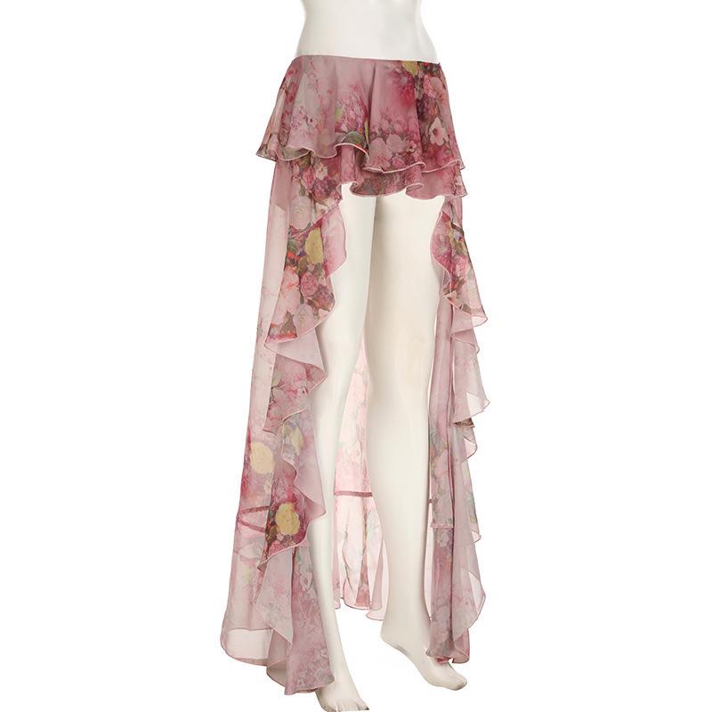 European Style 2024 Floral Print Irregular Maxi Skirt with Double-Layer Ruffles