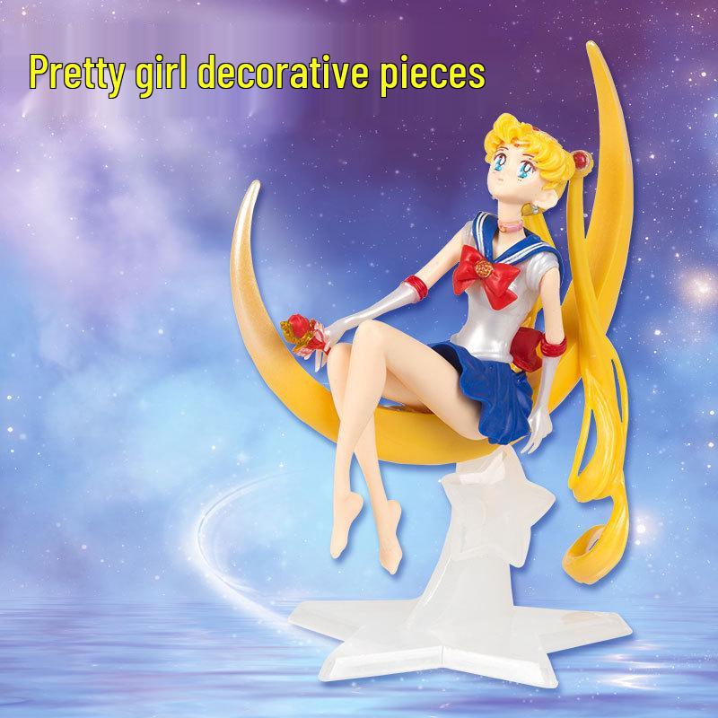 Crescent Moon Pretty Girl Cake Topper with Moon Base - Large Size Soldier Figurine
