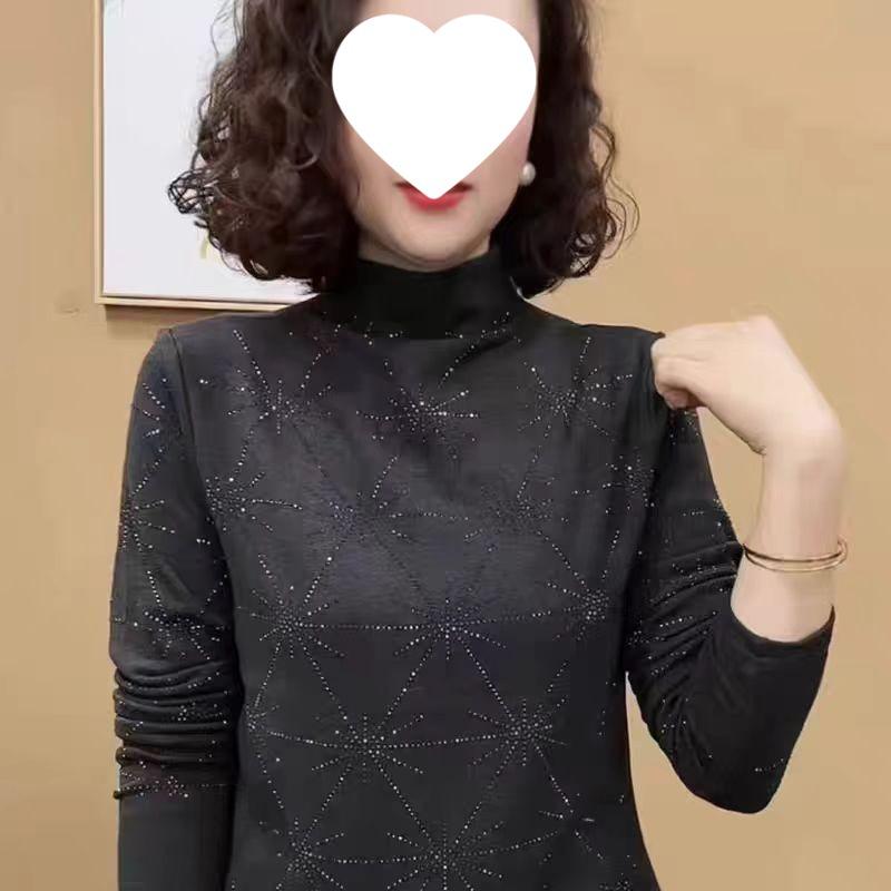 

Rhinestone Thermal Fleece High Neck Long Sleeve Base Layer - Age-Reducing, Tummy-Concealing Stylish Mom Top for Autumn/Winter 4XL темно-сірий