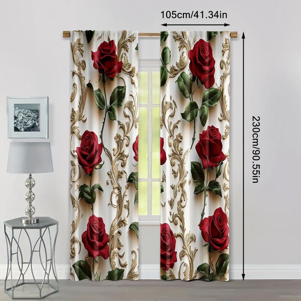2pcs, Upscale Curtains 2D print Red Roses & Golden Floral Pattern Polyester Woven (without rod) All Seasons for Bedroom and