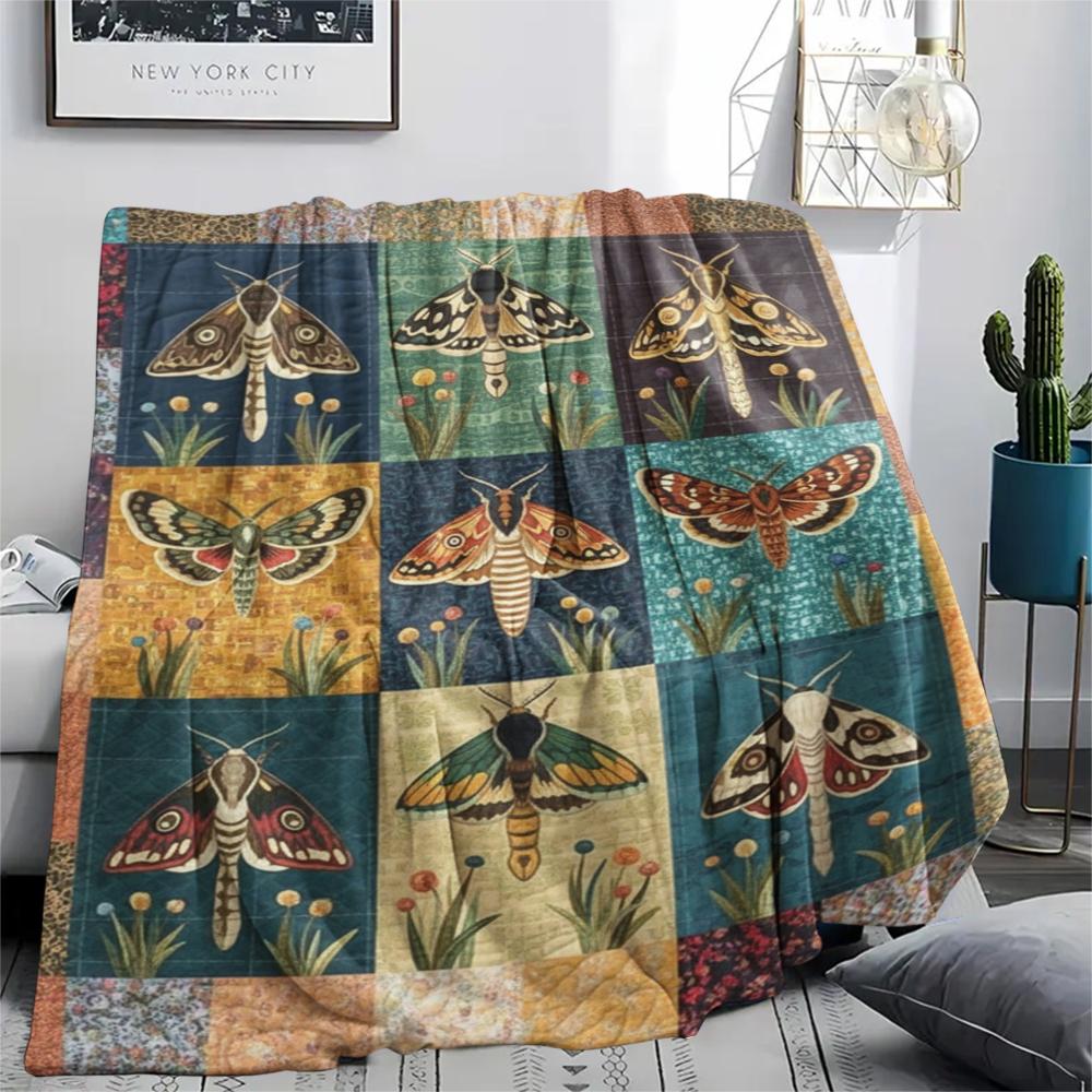 1Pc Patchwork Insect Print Flannel Blanket, High quality Comfortable for All Seasons, Home Decor, Warmth and Comfort, Perfect for Christmas Gifts67
