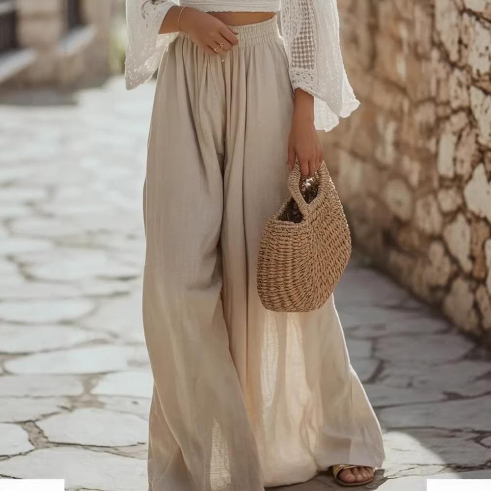 Women Summer Solid Color Loose Wide Leg Casual Long Pants