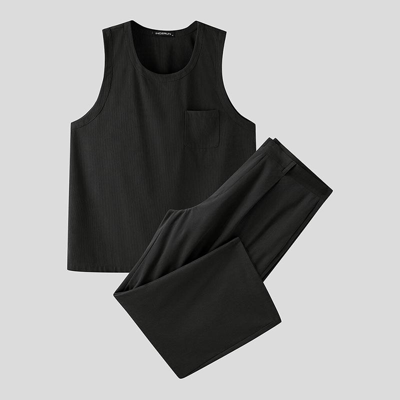 INCERUN Мужские комплекты из двух предметов: майки без рукавов и комплекты с длинными брюками M чёрный