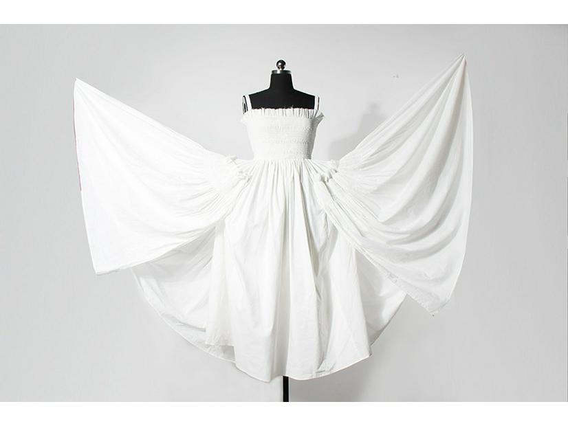 French Retro White Spaghetti Strap Backless Ruffled Slimming Maxi Dress