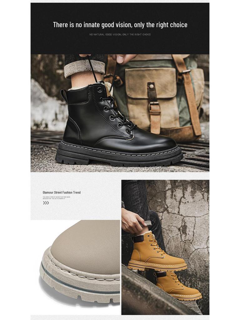 Men's Winter Martin Boots: Warm Velvet-Lined Outdoor Workwear In Retro Desert Yellow, Size 48.