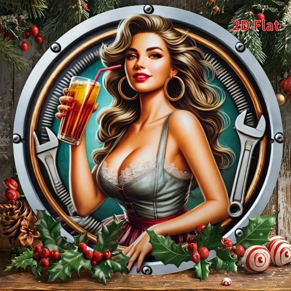 

Vintage Woman With Wrench Drink Round Metal Wall Art Decor Home Bar Cafe 20x20