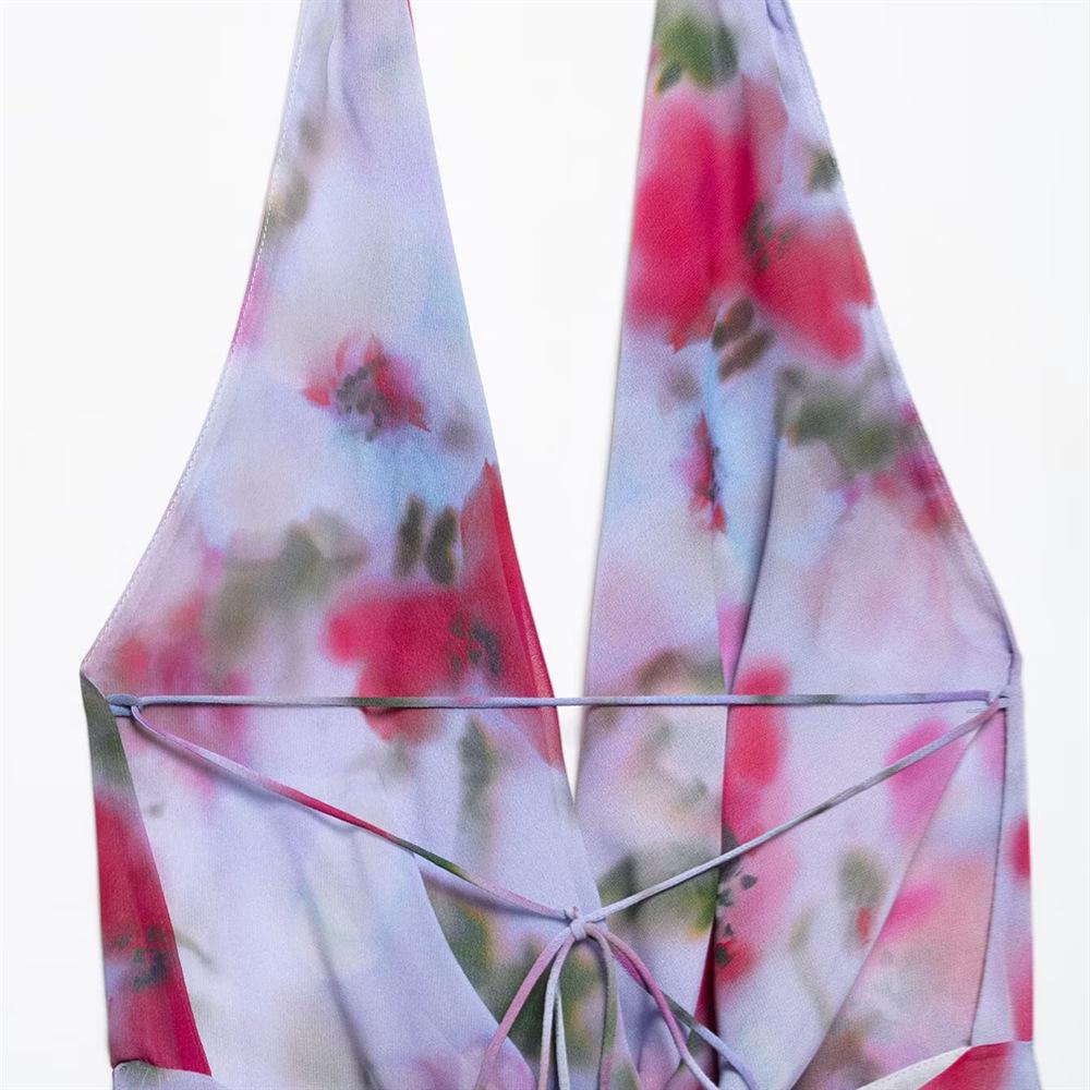 2025 Spring/Summer Slim Fit Sexy Printed Halterneck Cowl Neck Midi Dress for Women