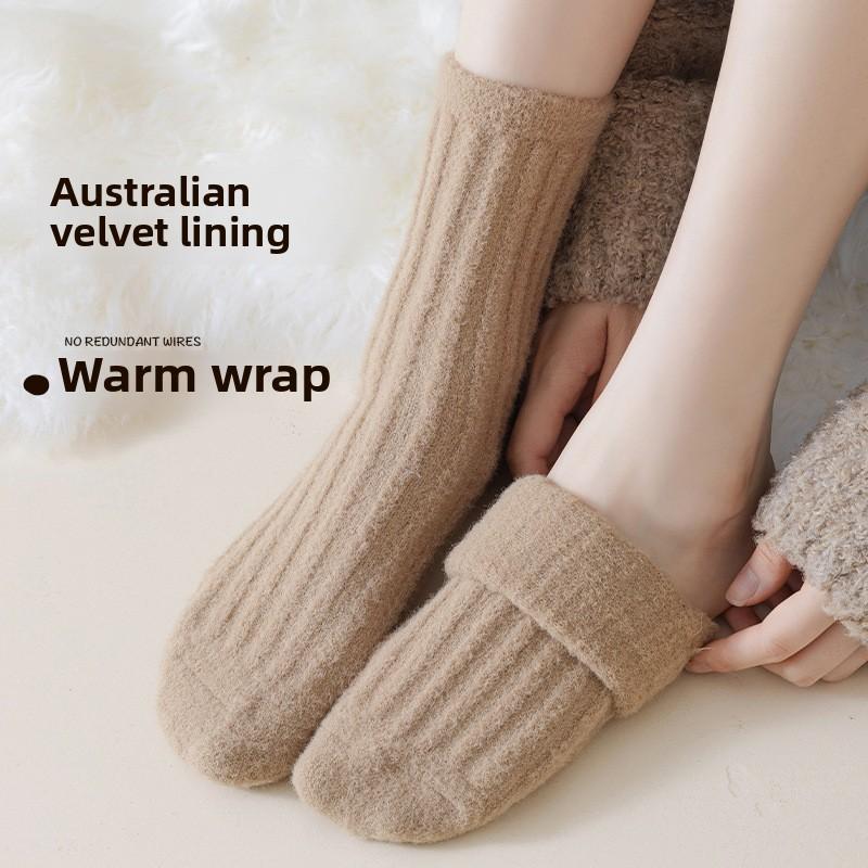 Chaussettes mi-mollet d'automne/hiver pour femmes, rembourrées, double face en peluche thermique, chaussettes de sol, chaussettes de sommeil