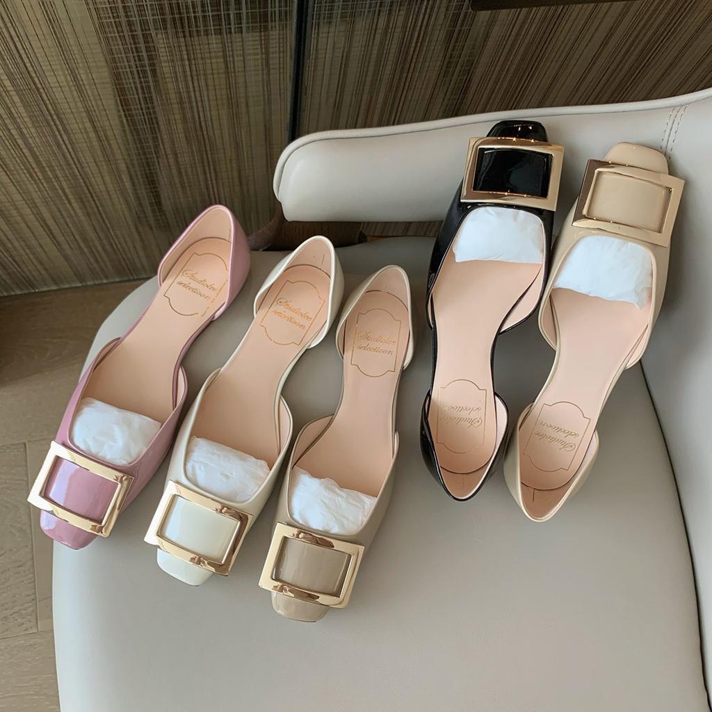 Grape Mother Same Style Summer and Autumn Simple Classic RV Square Buckle Flat Shoes Shallow Mouth Small Square Head Commuting Hollow Single Shoes Wo