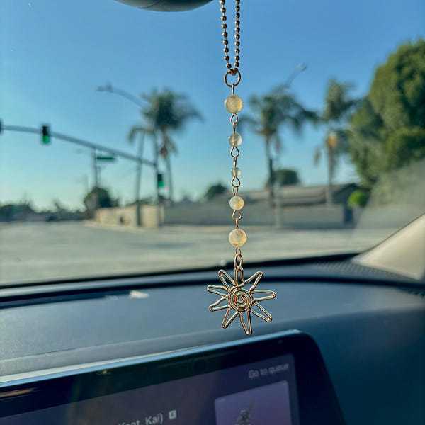 Sun Hanging Car Charm, Rear View Mirror Accessories Cute Boho Dangling Sun Car Decor Handmade Healing Crystals Stones Ornament Gifts