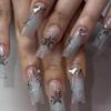 24Pcs Long Square Press On Nails Leopard Print French 3D Cherry Design False Nail Rhinestone Wearable Full Cover Fake Nails Tips