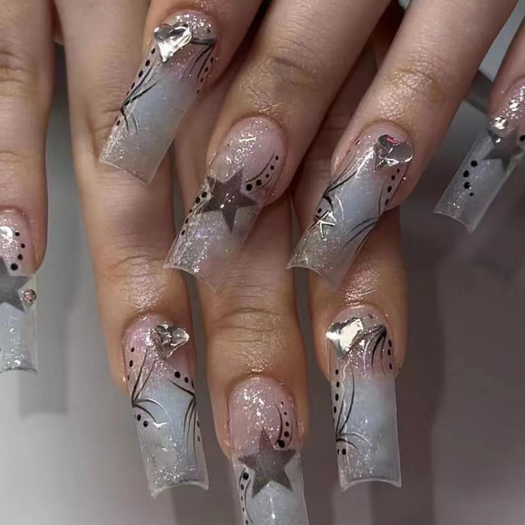 24Pcs Long Square Press On Nails Leopard Print French 3D Cherry Design False Nail Rhinestone Wearable Full Cover Fake Nails Tips