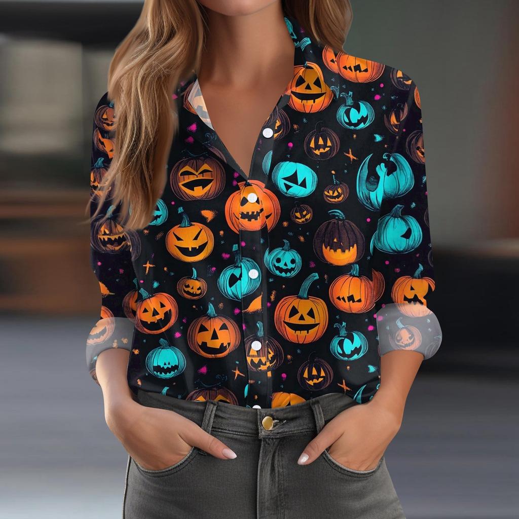 Damen Hemd Bluse Halloween Print Knopf Langarm Lässig Basic Hemdkragen Regulär Top
