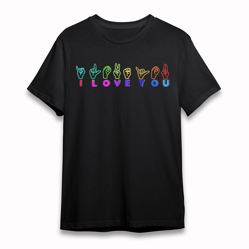 Women's T-Shirt Colorful Hand Gesture I LOVE YOU Tee Short Cotton Oversize Black