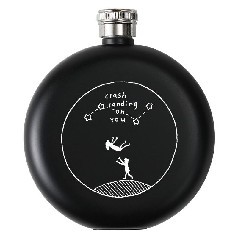 Black Stainless Steel Hip Flask Portable 5oz Round Wine Pot Laser Print Business Gift