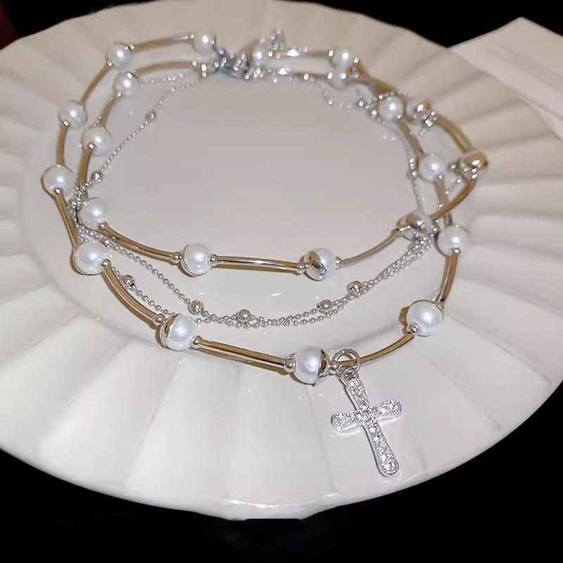 Сладкая и прохладная многослойная жемчужная крестовая цепочка женская легкая роскошь цепочка на ключицу модная ретро цепочка на шею