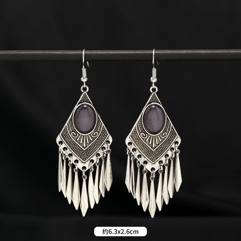 Vintage stone fringed earrings silver women's bohemian long personalized Tibetan temperament vacation earrings