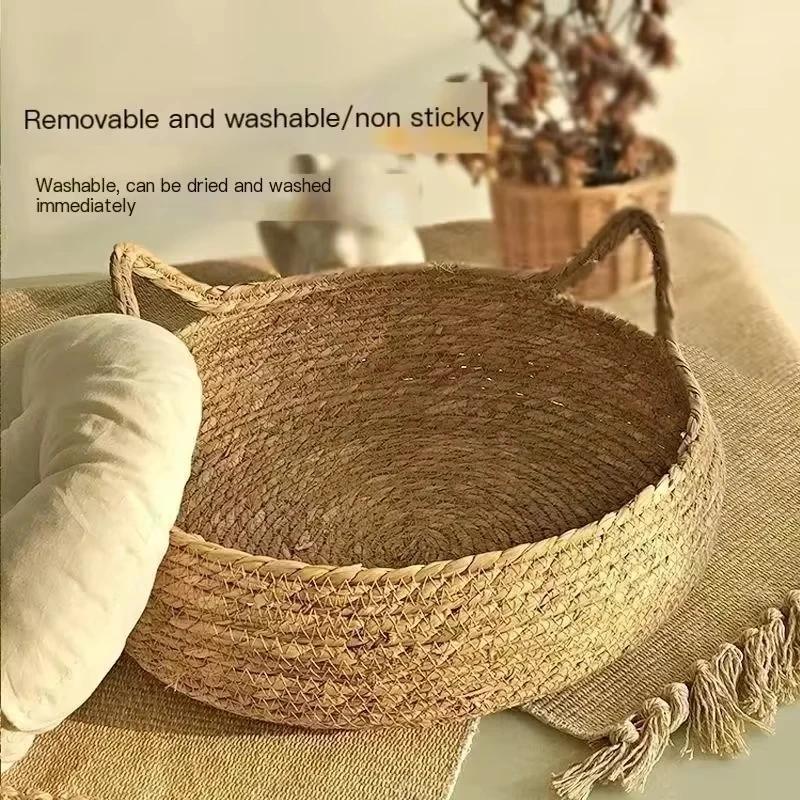 Handwoven Rattan Pet Bed with Detachable Pad Cotton - Round Cat House & Dog Bed, Available All Seasons  Cat Scratching Board
